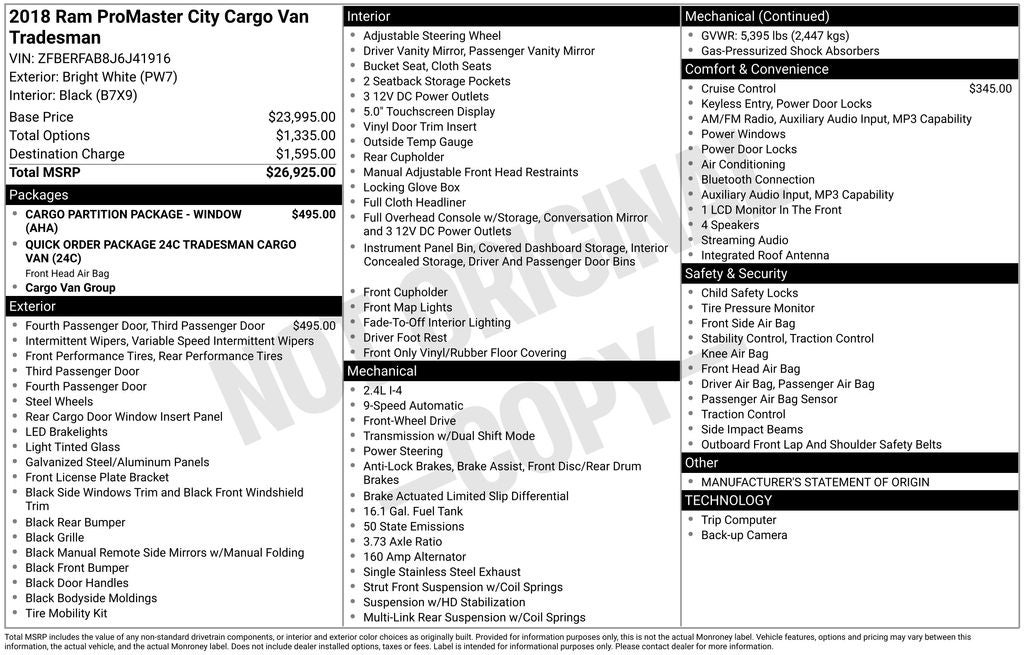 2018 RAM ProMaster City Tradesman Cargo Van