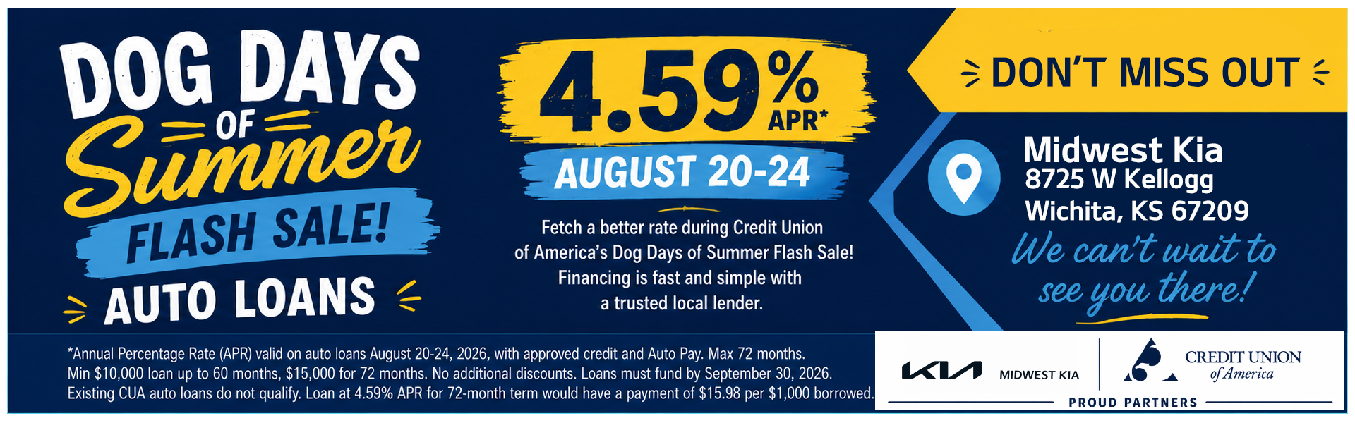 Dog Days of Summer Auto Loan Flash Sale at Midwest Kia in Wichita Kansas with Credit Union of America 4.59 percent APR August 20 through 24 2026