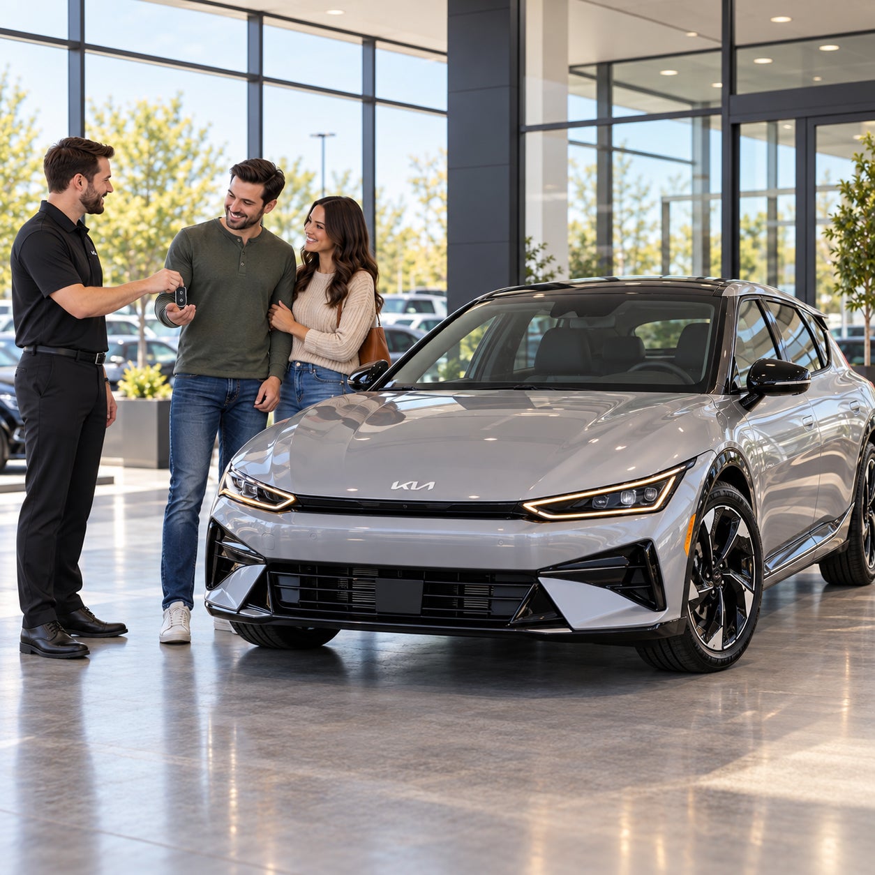 Kia EV6 delivery and key handoff at a Kia dealership