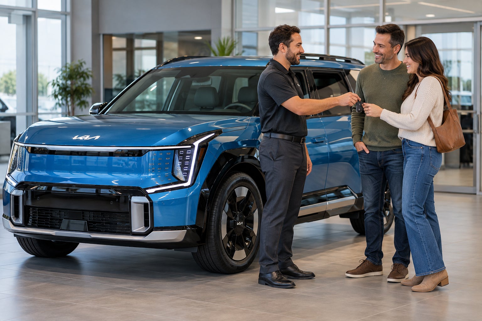 Customers taking delivery of a Kia EV9 at a dealership