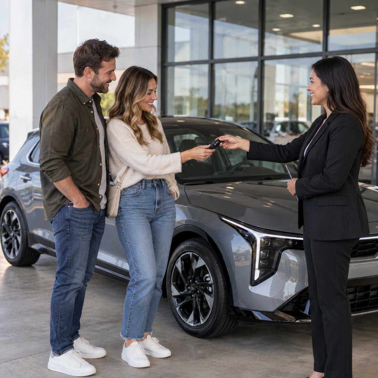 New Kia vehicle delivery at a modern dealership