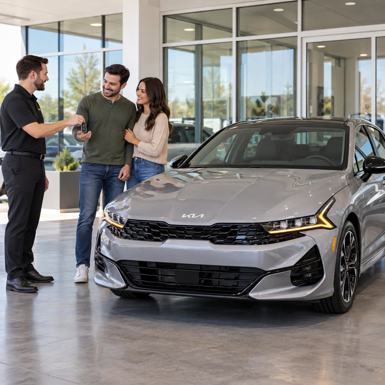 New Kia K5 vehicle delivery and key handoff at a dealership