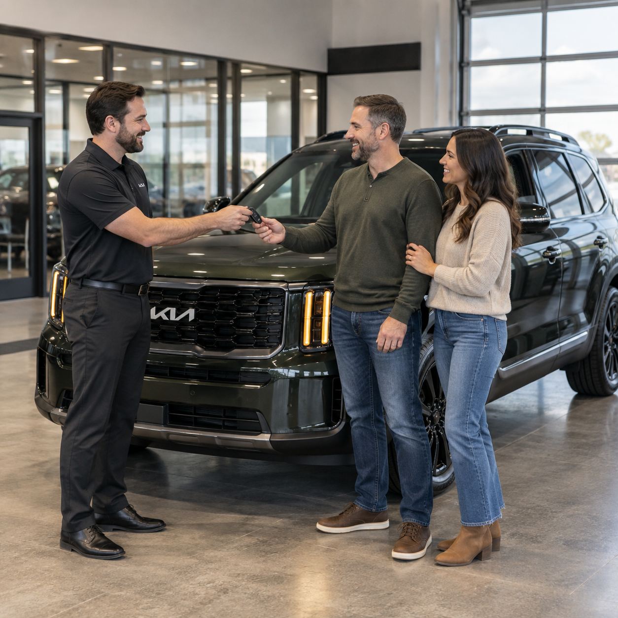 Customers receiving the keys to a Kia Telluride at a dealership