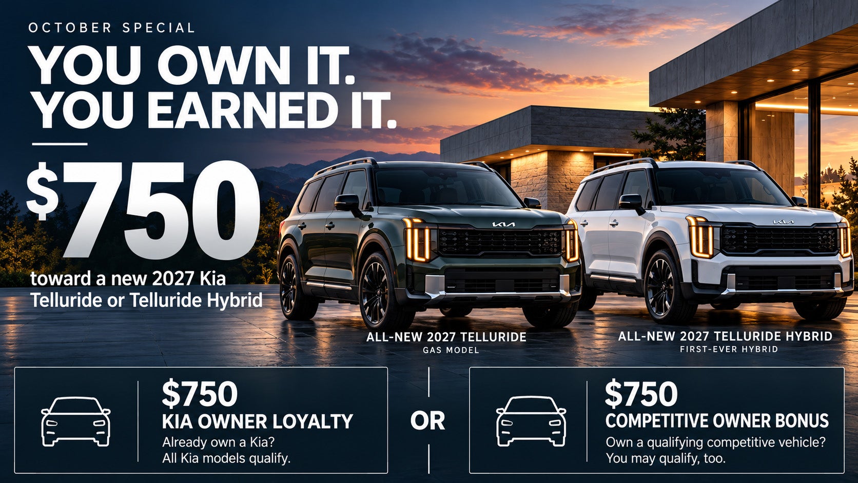 2027 Kia Telluride and Telluride Hybrid $750 Kia Owner Loyalty or Competitive Owner Bonus at Midwest Kia in Wichita Kansas