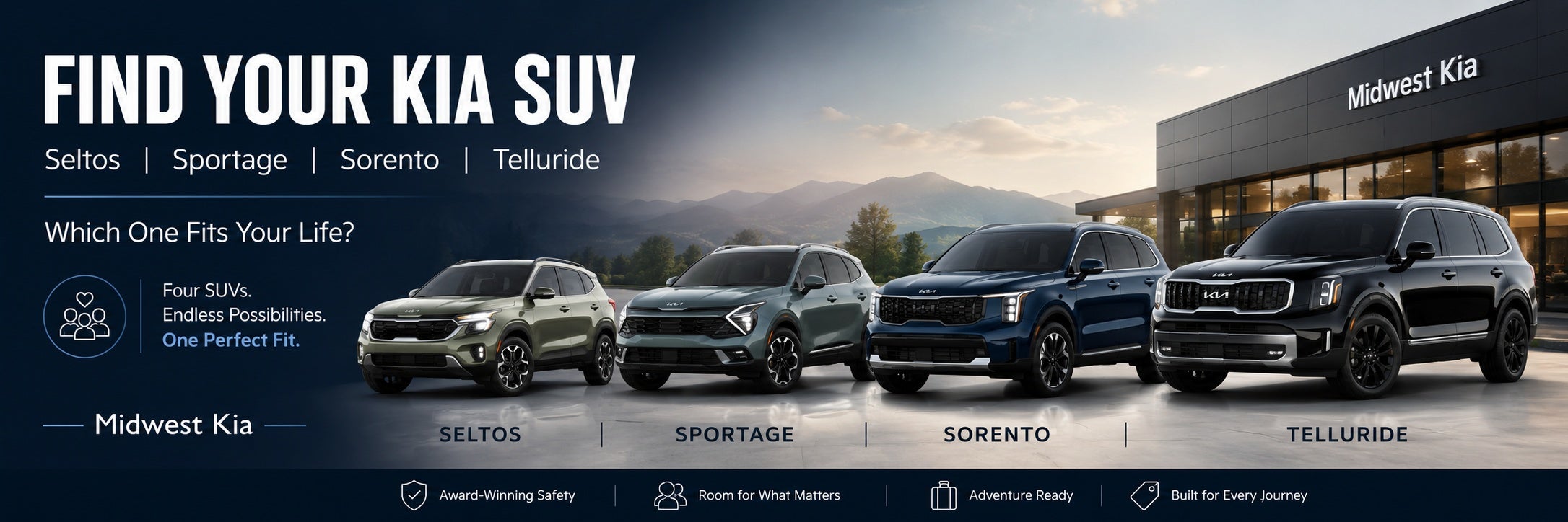 Find Your Kia SUV - Seltos Sportage Sorento and Telluride at Midwest Kia in Wichita