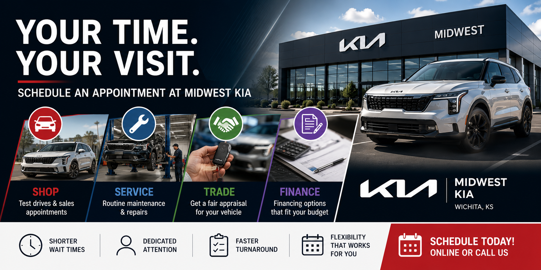 Schedule an appointment at Midwest Kia in Wichita for sales service trade or finance