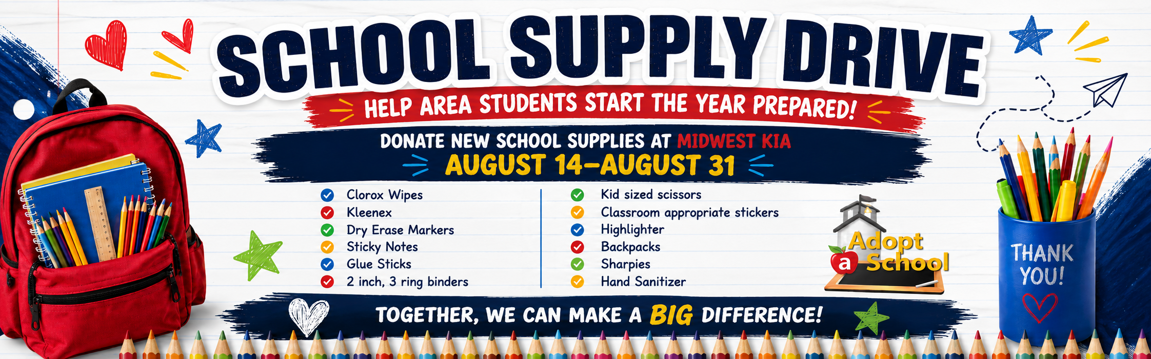 Back to School Supply Drive at Midwest Kia in Wichita Kansas August 14 through August 31