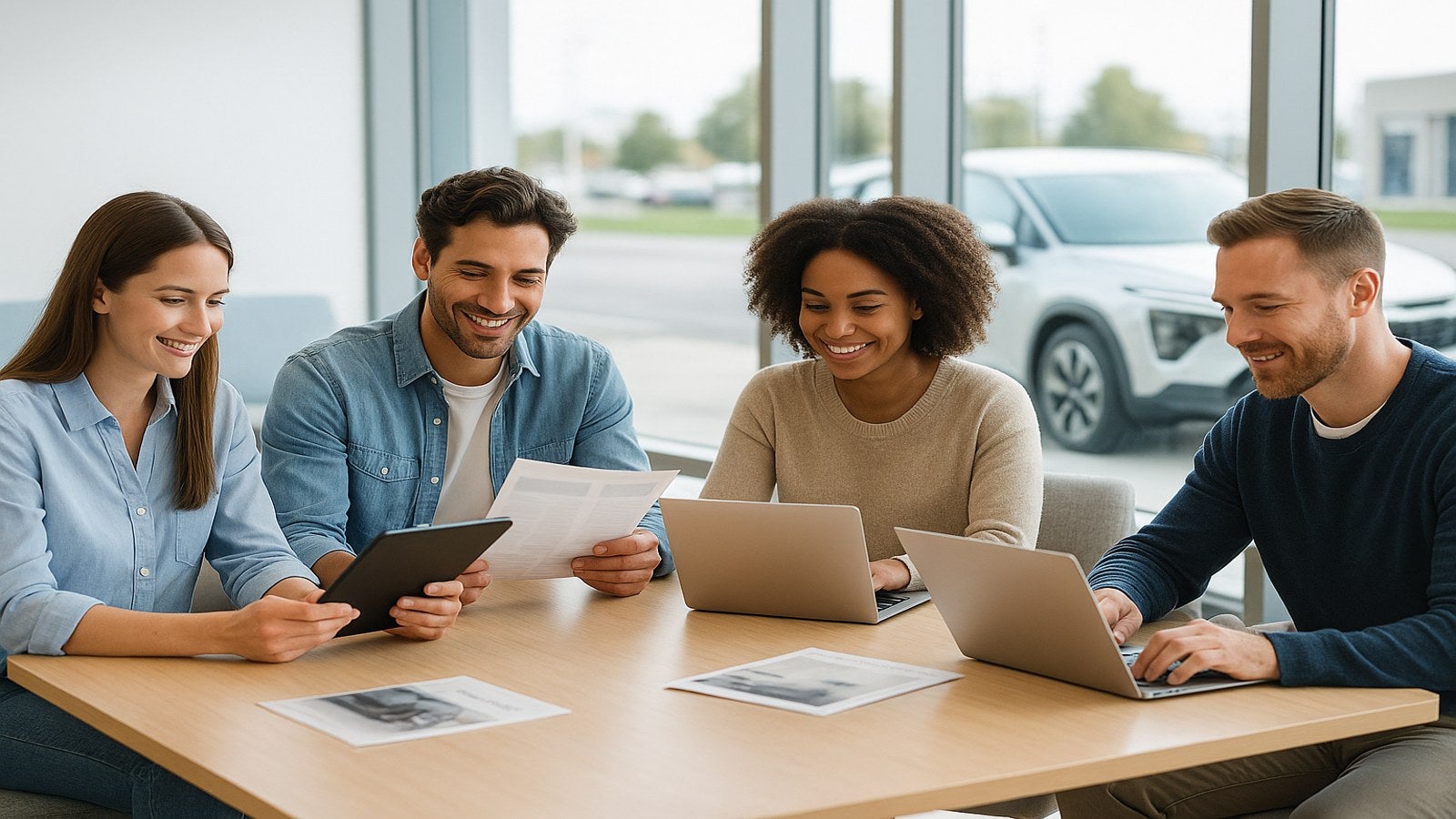 Drivers reviewing car buying guides at Midwest Kia in Wichita, KS